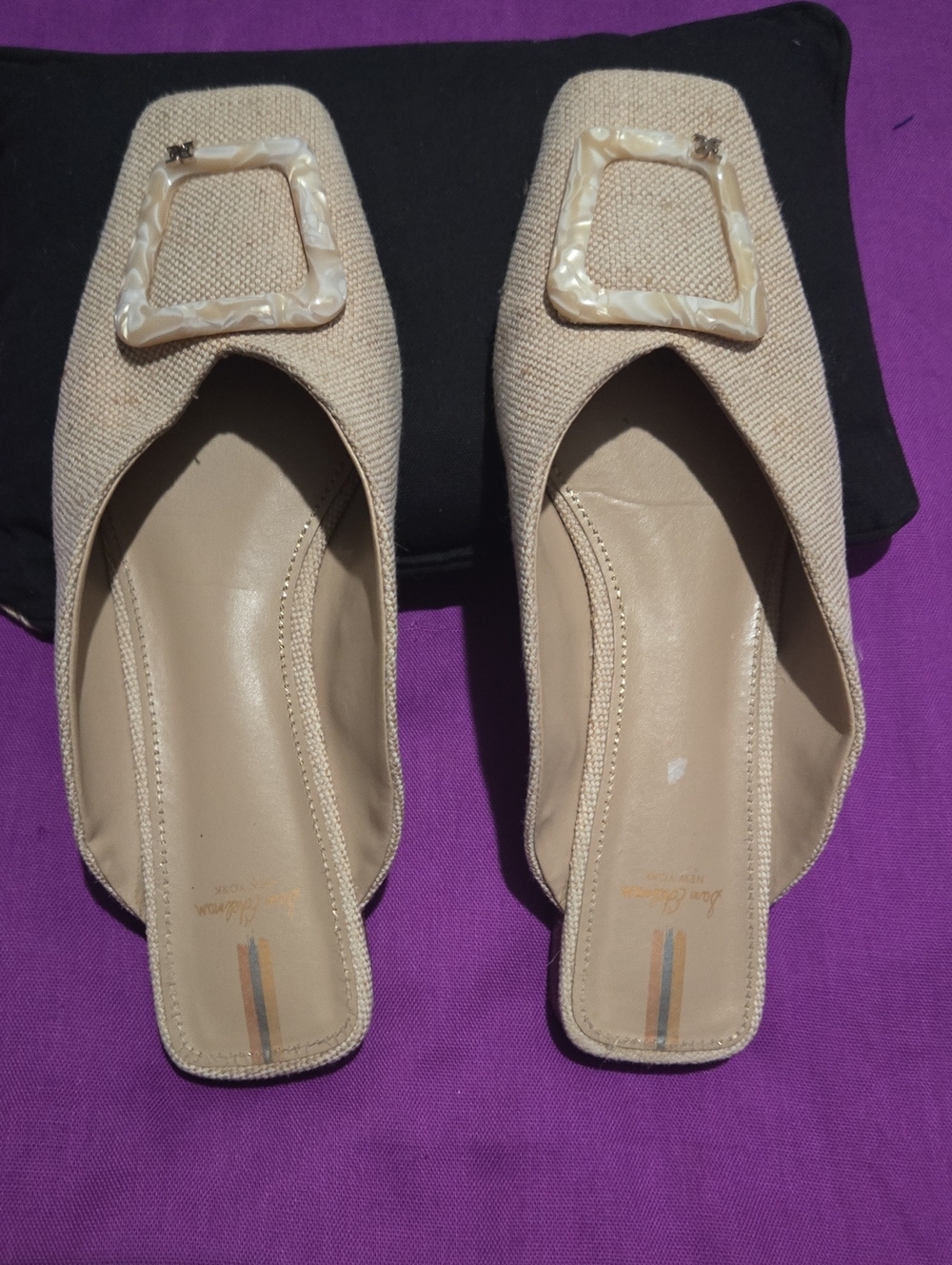 Sam Edelman Beige Square-Toe Slip-On Mules with Pearlized Buckle